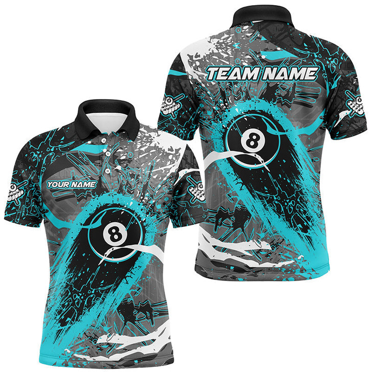 Custom Billiard Multicolor Turquoise Grunge Stains 8 Ball Pool Customized Name, Team Name 3D Polo Shirt