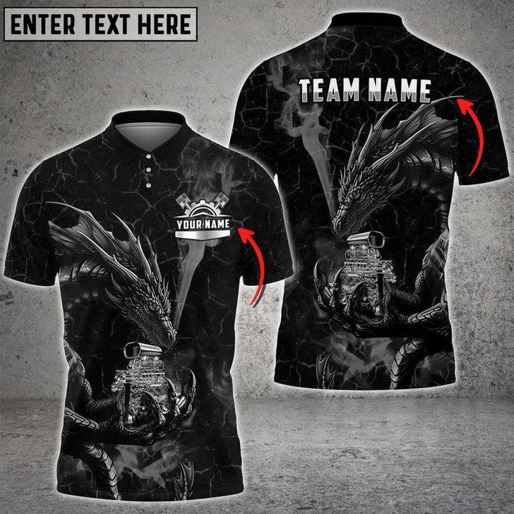 Custom Mechanic Dragon V8 Engine Custom Name Multi Color Printed 3D Polo Shirt