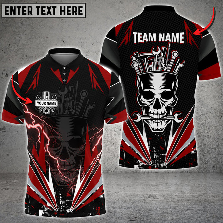 Custom Auto Mechanic Tools Thunder Skull Custom Name Multi Color Printed 3D Polo Shirt