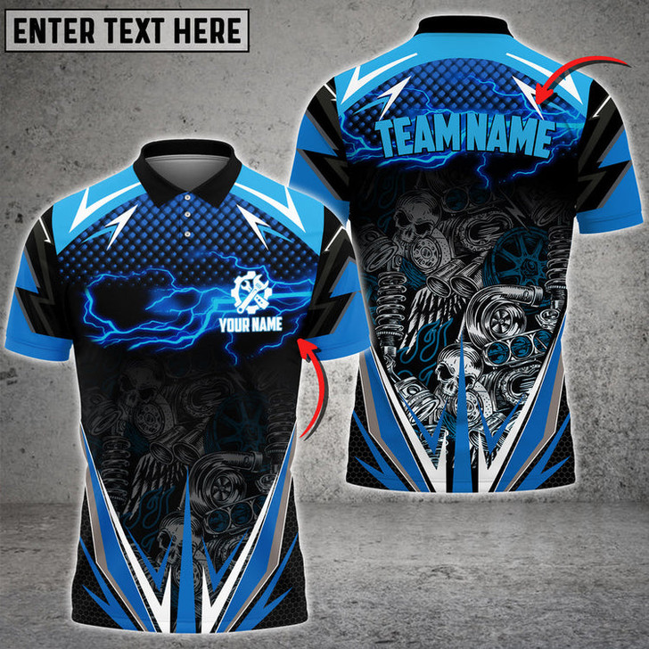 Custom Mechanic Thunder and Skull Pattern Custom Name Multi Color Printed 3D Polo Shirt