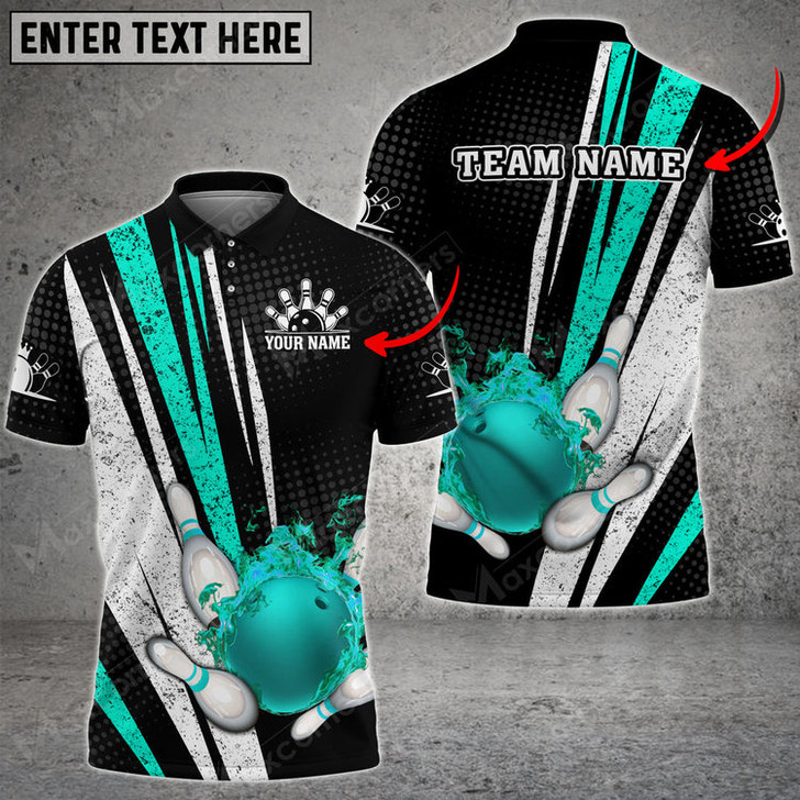 Custom Bowling Ball And Pins Flame Grunge Multicolor Option Customized Name, Team Name 3D Polo Shirt