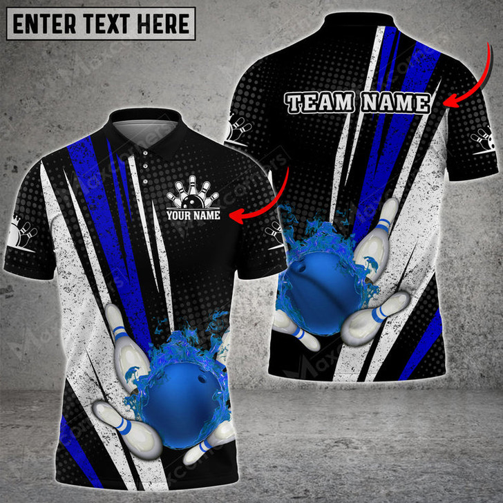 Custom Bowling Ball And Pins Flame Grunge Multicolor Option Customized Name, Team Name 3D Polo Shirt
