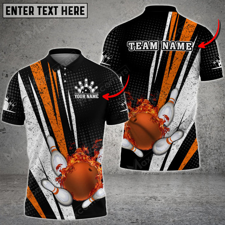 Custom Bowling Ball And Pins Flame Grunge Multicolor Option Customized Name, Team Name 3D Polo Shirt