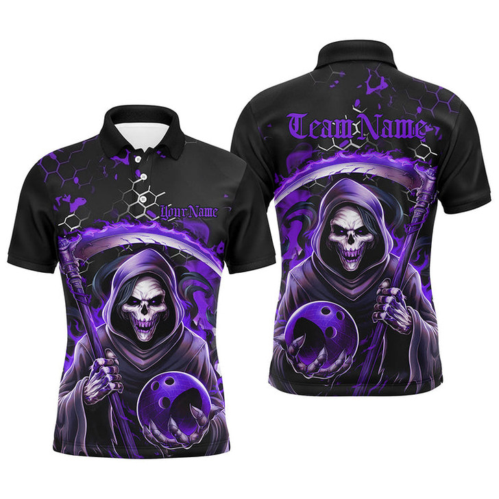 Personalized Bowling And Pins Grim Reaper Customized Name, Team Name 3D Polo Shirt For Men