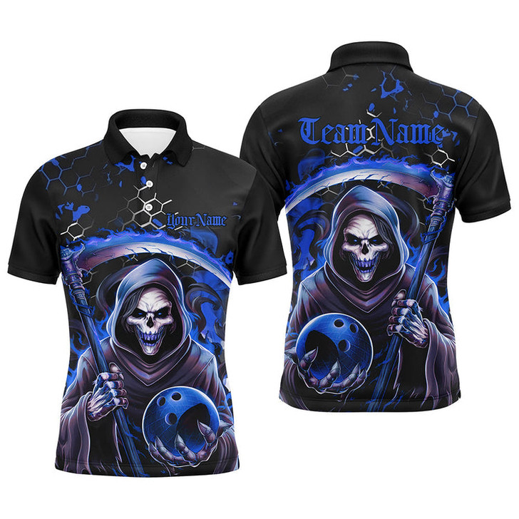 Personalized Bowling And Pins Grim Reaper Customized Name, Team Name 3D Polo Shirt For Men