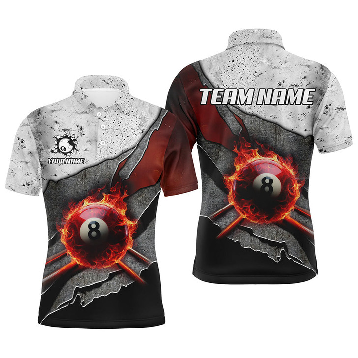Personalized Billiard Grey Grunge Fire 8 Ball Pool Cue Customized Name, Team Name 3D Polo Shirt For Men