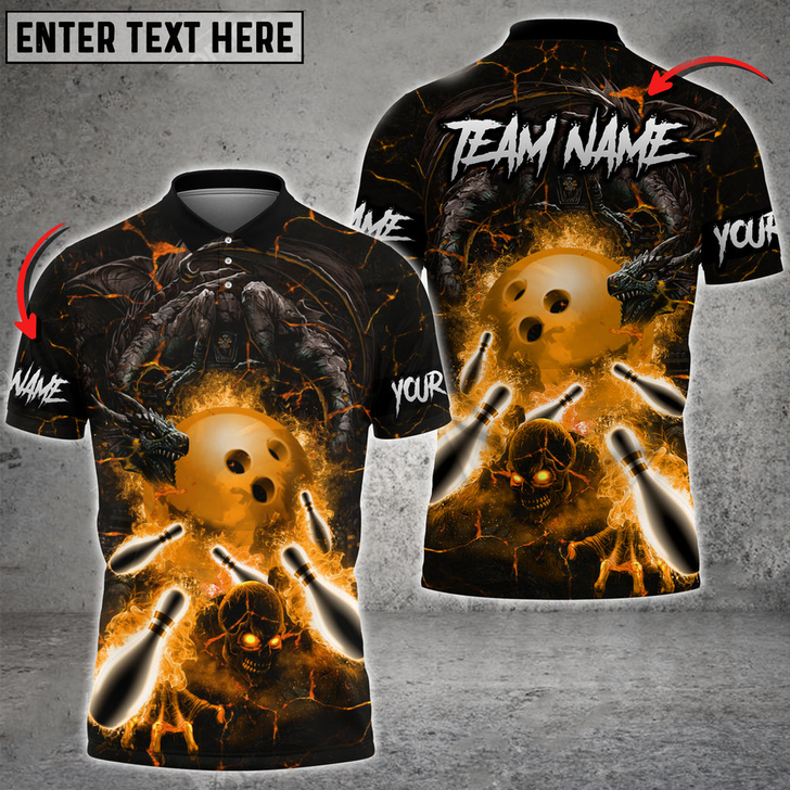 Custom Bowling And Pins Dragon And Skull Multicolored Bowling Jerseys Custom Name And Team Name 3D Polo Shirt