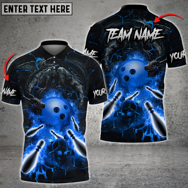 Custom Bowling And Pins Dragon And Skull Multicolored Bowling Jerseys Custom Name And Team Name 3D Polo Shirt