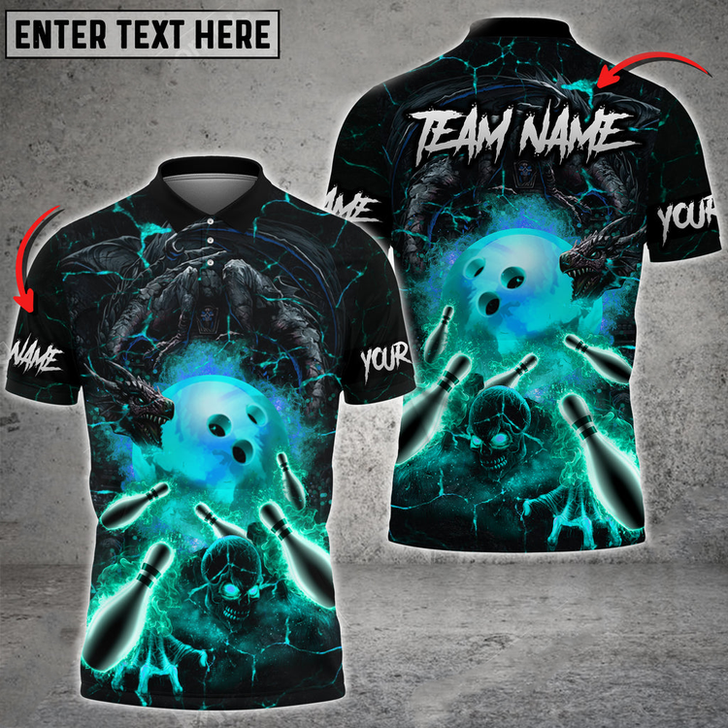 Custom Bowling And Pins Dragon And Skull Multicolored Bowling Jerseys Custom Name And Team Name 3D Polo Shirt
