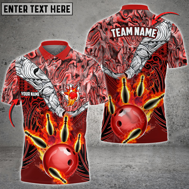 Custom Bowling & Pins Tattoo Maori Multicolor Option Customized Name And Team Name 3D Polo Shirt