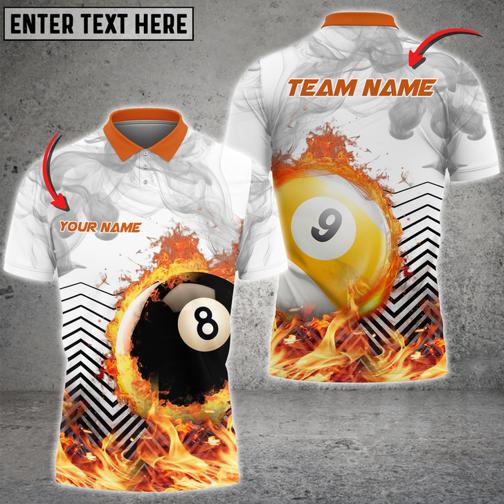 Personalized Billiards White Fire Flame Smoke Multicolor Option, Personalized Name Team Polo Shirt
