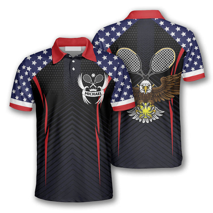 Custom Coolspod Tennis Eagle American Flag Customized Name 3D All Over Printed Polo Shirt