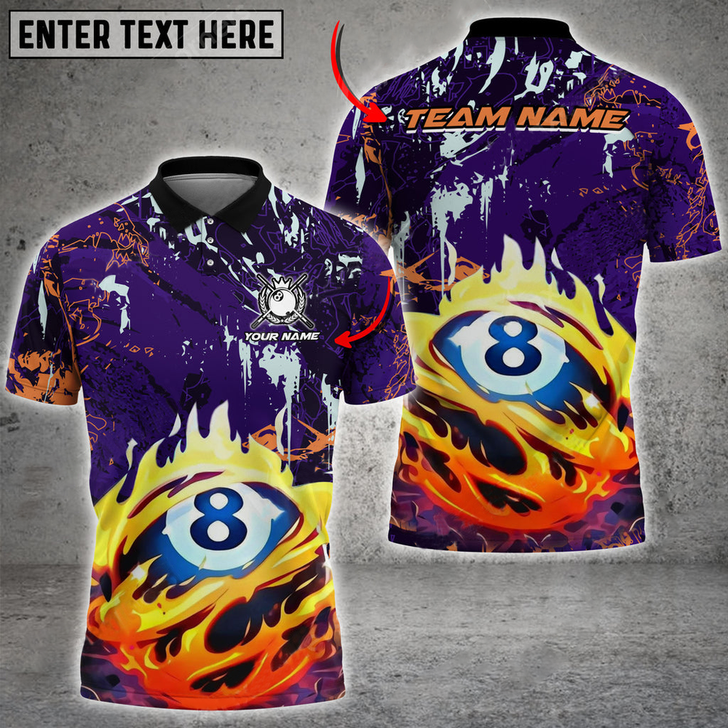 Custom Billiards 8 Ball Fire Abstract Grunge Personalized Name 3D Polo Shirt, Idea Gift for Billiards Lovers
