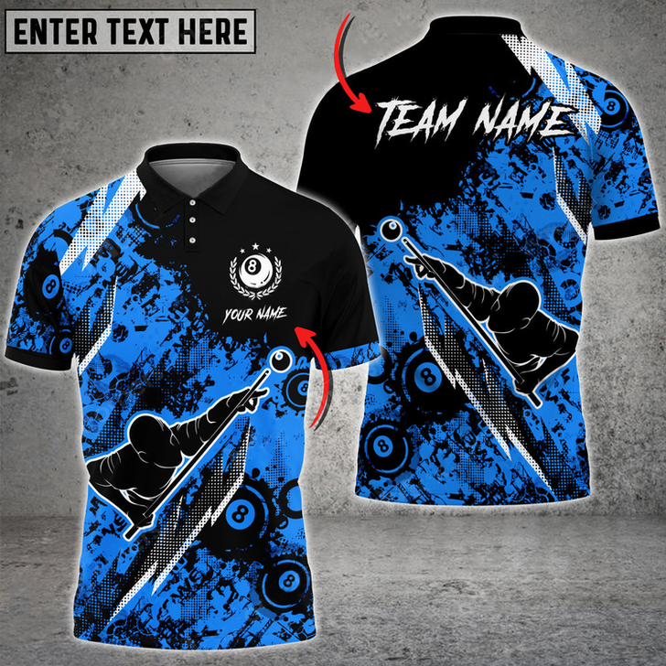Custom Player Billiards 8 Ball Grunge Multi Color Options Personalized Name 3D Polo Shirt, Gift for Billiards Lovers