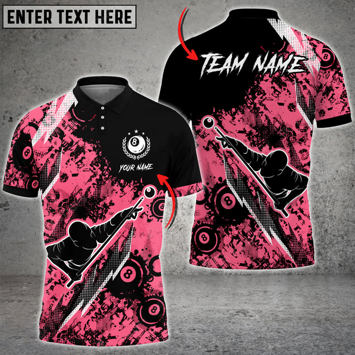 Custom Player Billiards 8 Ball Grunge Multi Color Options Personalized Name 3D Polo Shirt, Gift for Billiards Lovers