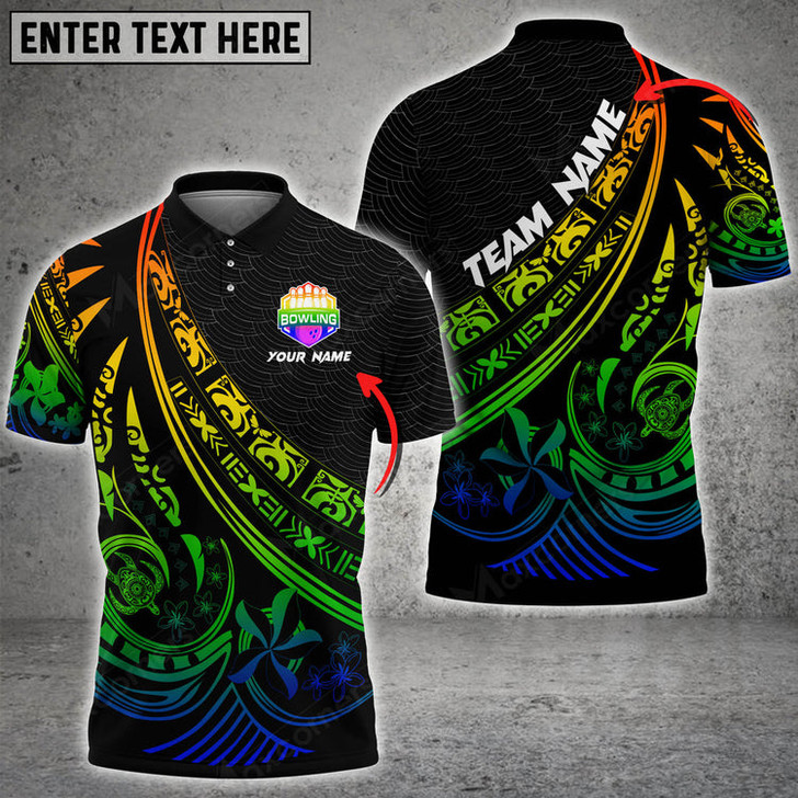 Custom Polynesian Pattern Bowling And Pins Multicolor Option Customized Name 3D Polo Shirt, Bowling Polo Shirt