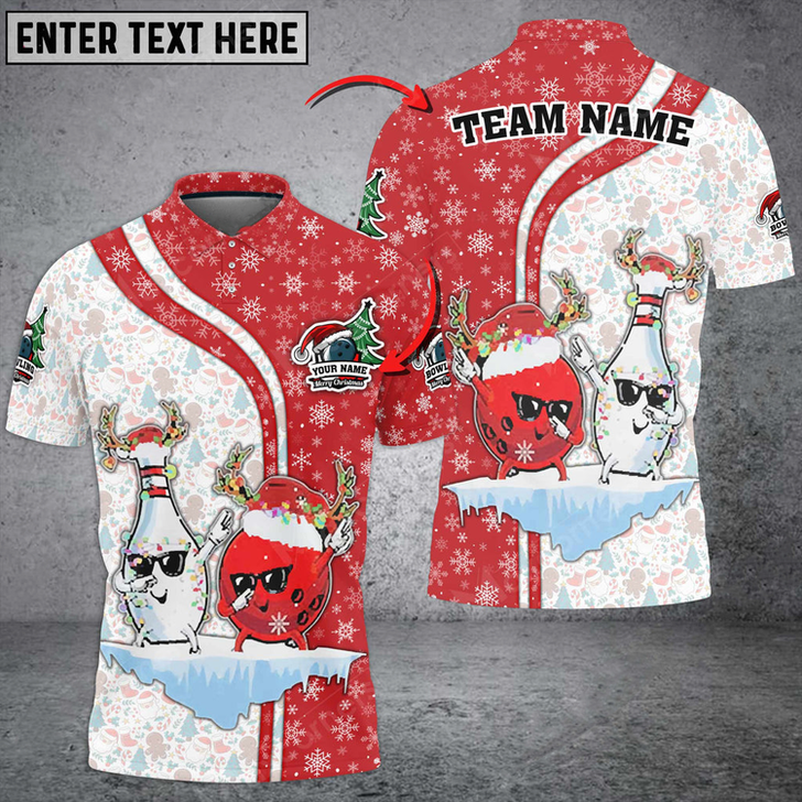 Custom Xmas Bowling And Pins Multicolor Option Customized Name 3D Polo Shirt, Idea Gift for Bowler Christmas