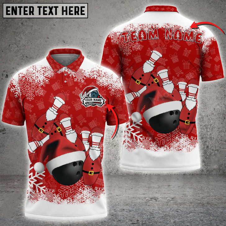 Custom Merry Xmas Bowling And Pins Multicolor Option Customized Name 3D Polo Shirt, Gift for Bowling Lovers