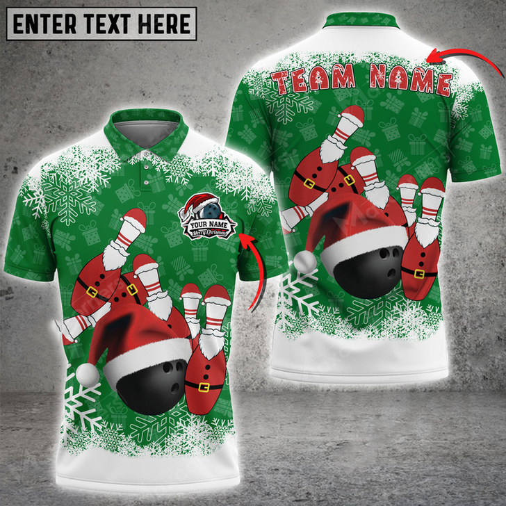 Custom Merry Xmas Bowling And Pins Multicolor Option Customized Name 3D Polo Shirt, Gift for Bowling Lovers