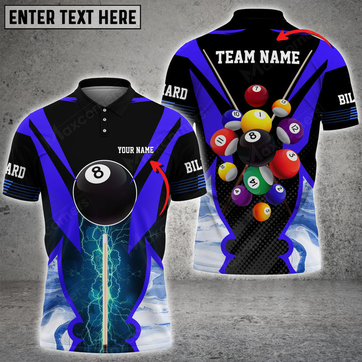 Custom Billiards Ball 8 Blue Thunder Personalized Name 3D Polo Shirt, Shirt for Pooler