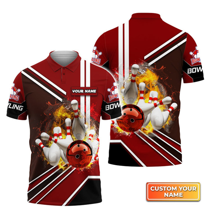 Custom Red Bowling Ball On Fire Crashing Pins Personalized Name 3D Polo Shirt