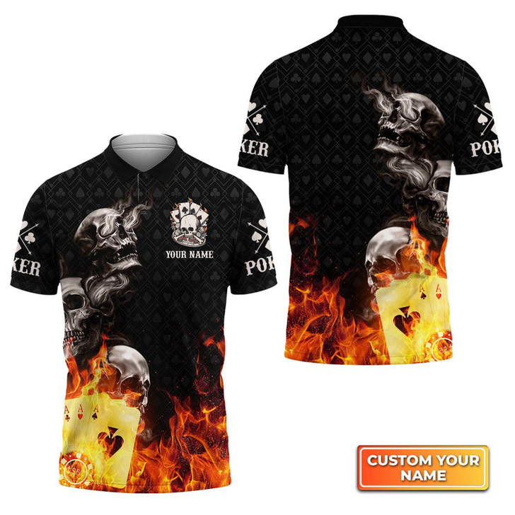 Custom Poker Four Of A Kind Aces Skull On Fire Personalized Name 3D Polo Shirt Gift For Poker Players