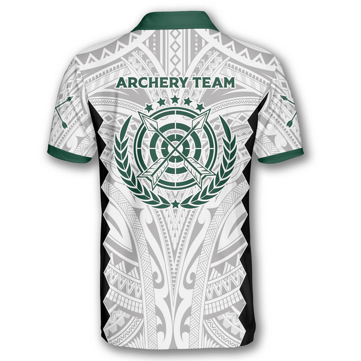 Custom 3D All Over Print Tribal White Green Custom Archery Polo Shirts For Men