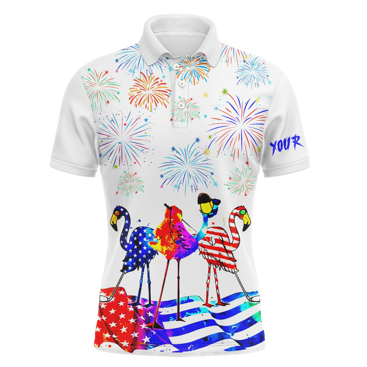 Custom Golf Men Polo Shirt - Custom Name Funny Red White Blue Flamingo American flag Apparel - Personalized Gift For Golf Lover, Men, Team, Husband, Patriot