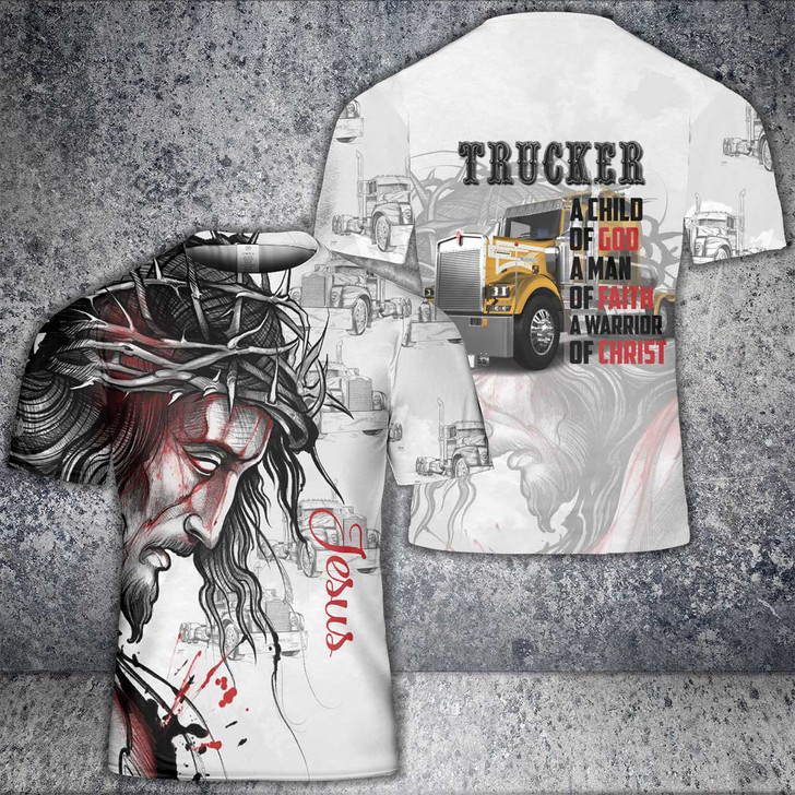 CustomGodoPrint Proud Trucker T-Shirt 3D, God Faith Christ Jesus Shirt for Men, Christian Gift, Truck Driver Father Tee