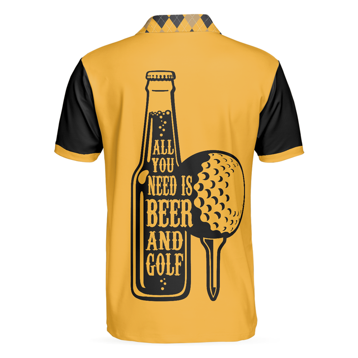 Skull Golf Men Polo Shirt, All You Need Is Beer & Golf Polo Shirt, Black And Yellow Argyle Pattern Golf Shirt For Men, Gift For Beer & Golf Lovers