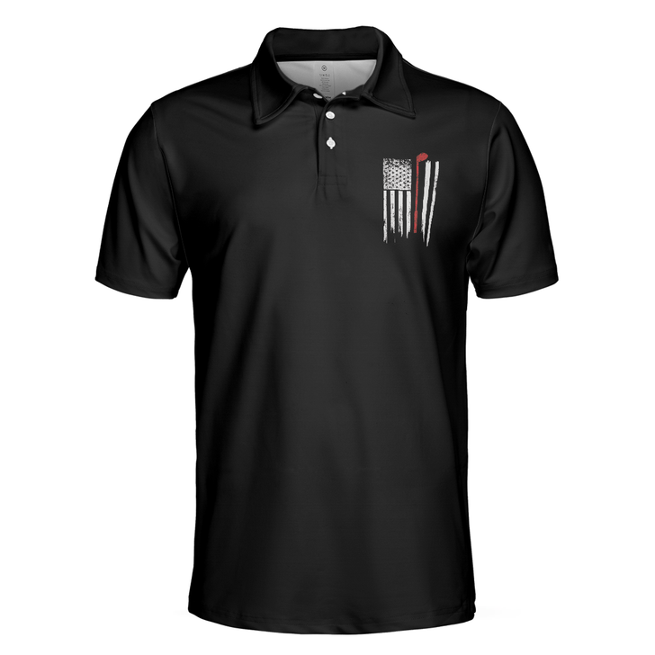 Black And White American Flag Golf Clubs Men Polo Shirt, Golf Nation Short Sleeve Golf Polo Shirt, Patriotic Golf Shirt For Men
