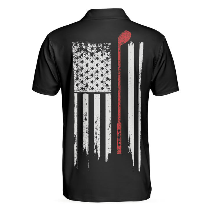 Black And White American Flag Golf Clubs Men Polo Shirt, Golf Nation Short Sleeve Golf Polo Shirt, Patriotic Golf Shirt For Men