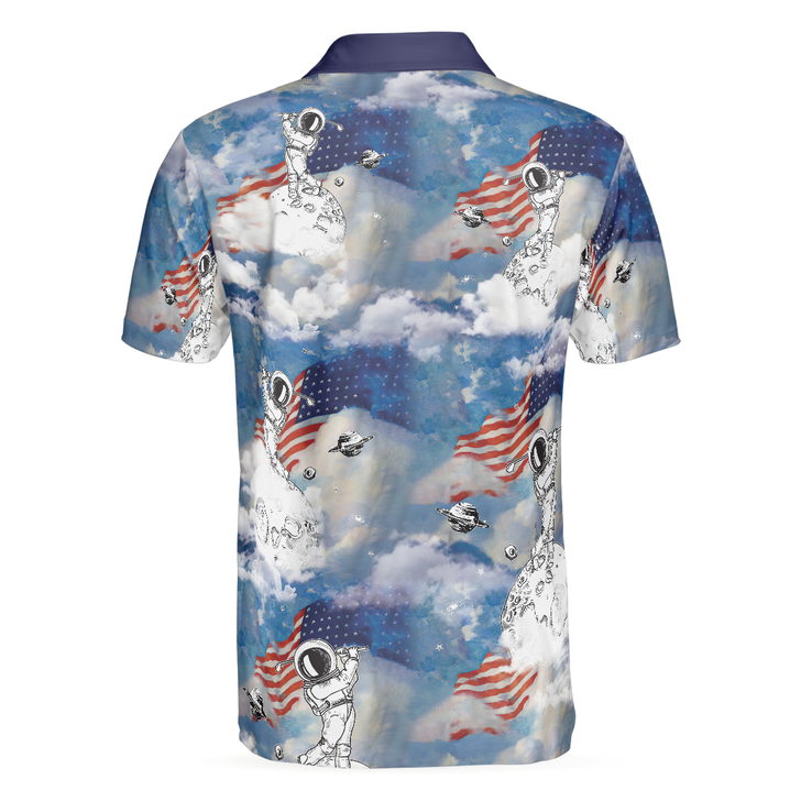 Men Polo Shirt - Astronaut Plays Golf In Space American Flag Men Polo Shirt - Gift For Golfer - Cloud Golfing Men Polo Shirt