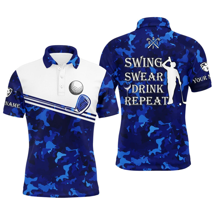 Golf Men Polo Shirt - Swing Swear Drink Repeat Custom Name Camo Pattern Apparel - Personalized Gift For Golf Lover, Team, Husband, Boyfriend, Men