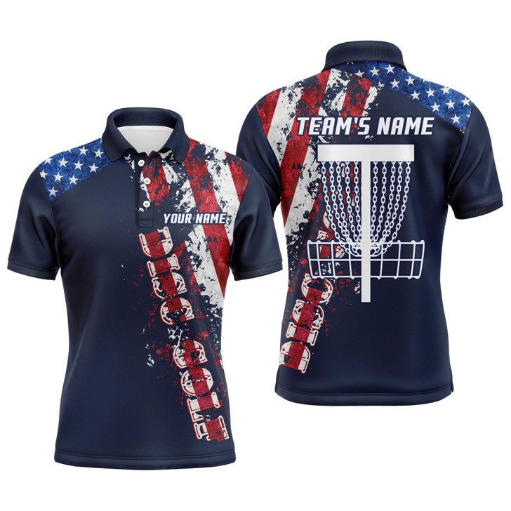 Custom Name Disc Golf Men Polo Shirt - American Flag Disc Golf Basket Apparel - Personalized Gift For Golf Lover, Men, Husband, Team, Patriotic