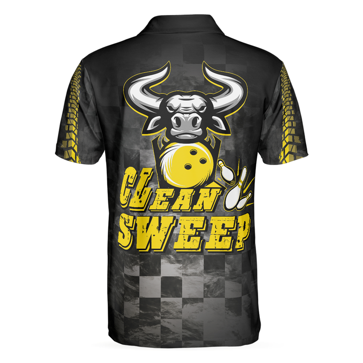Bowling Men Polo Shirt - Clean Sweep Bowling Bull Short Sleeve Polo Shirt, Checker Pattern Polo Shirt, Best Bowling Shirt For Men - Perfect Gift For Friend, Family, Bowling Lovers
