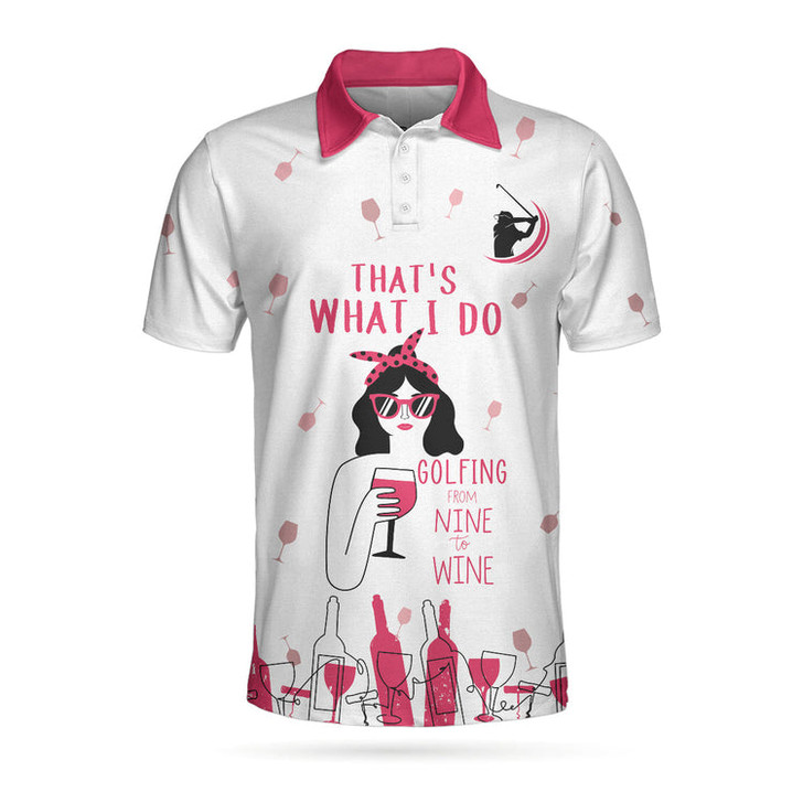 Golfing From Nine To Wine Short Sleeve Polo Shirt, Pink Polo Shirt For Men Coolspod