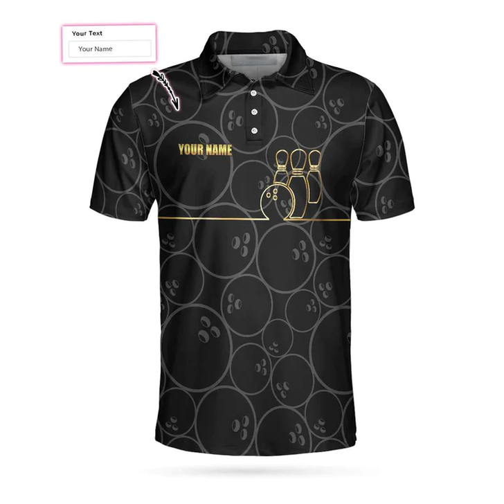 Custom Bowling Pattern And Golden Polo Custom Polo Shirt, Black Personalized Bowling Shirt With Name, Bowling Gift Idea Coolspod
