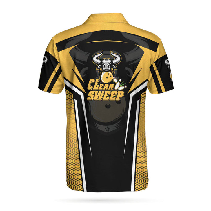 Clean Sweep Yellow Bull Bowling Short Sleeve Polo Shirt, Digital Bowling Alley Polo Shirt, Best Bowling Shirt For Men Coolspod