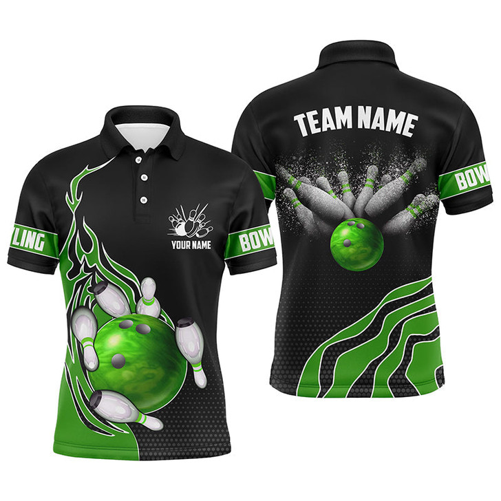 Custom Green Flame Bowling Polo Shirts For Men Bowling Ball, Custom Bowling Team Jerseys Bowler Outfits IPHW5218