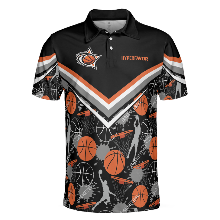 Basketball Pattern Men Polo Shirt, Black Basketball Polo Style Shirt For Basketball Lovers, Basketball Gift