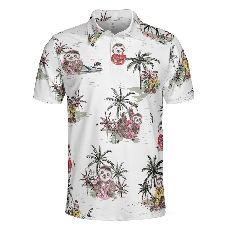 Cute Sloth With Tropical Plants Polo Shirt, White Tropical Sloth Shirt For Men And Women, Sloth Summer Shirt Design