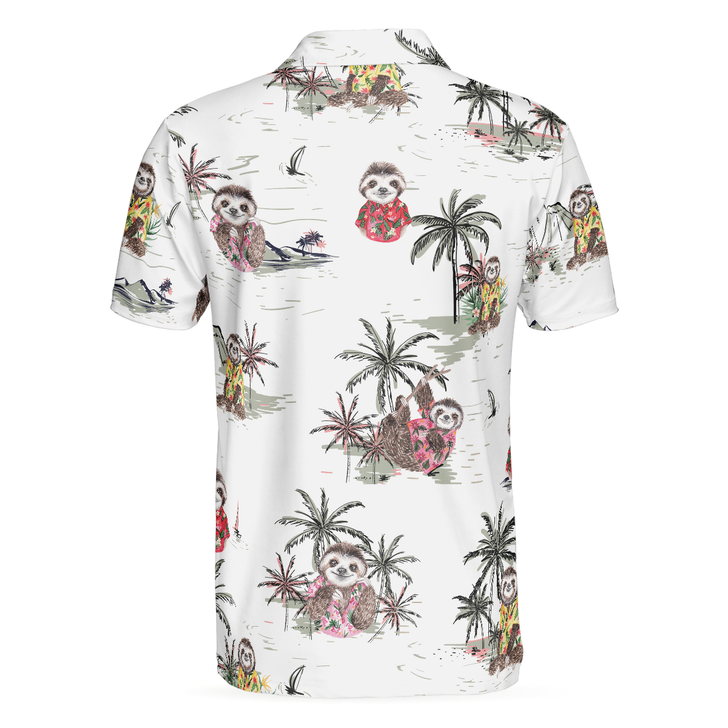 Cute Sloth With Tropical Plants Polo Shirt, White Tropical Sloth Shirt For Men And Women, Sloth Summer Shirt Design