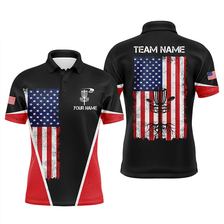 Custom Black Mens Disc golf polo shirts vintage American flag patriot custom frisbee golf shirt for Men