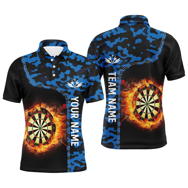Custom Blue Camo Flame Darts Board Mens Polo Shirt Custom Darts Shirt For Men Dart Jerseys
