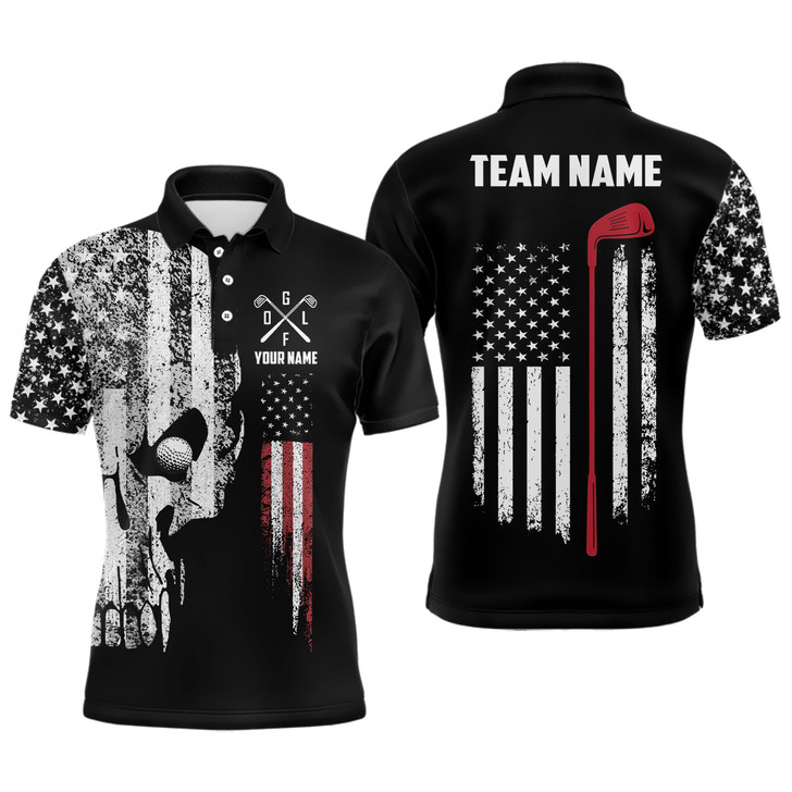 Custom American Flag Skull Mens Golf Polo Shirts Custom Patriotic Scary Golf Shirts For Men Golf Gifts