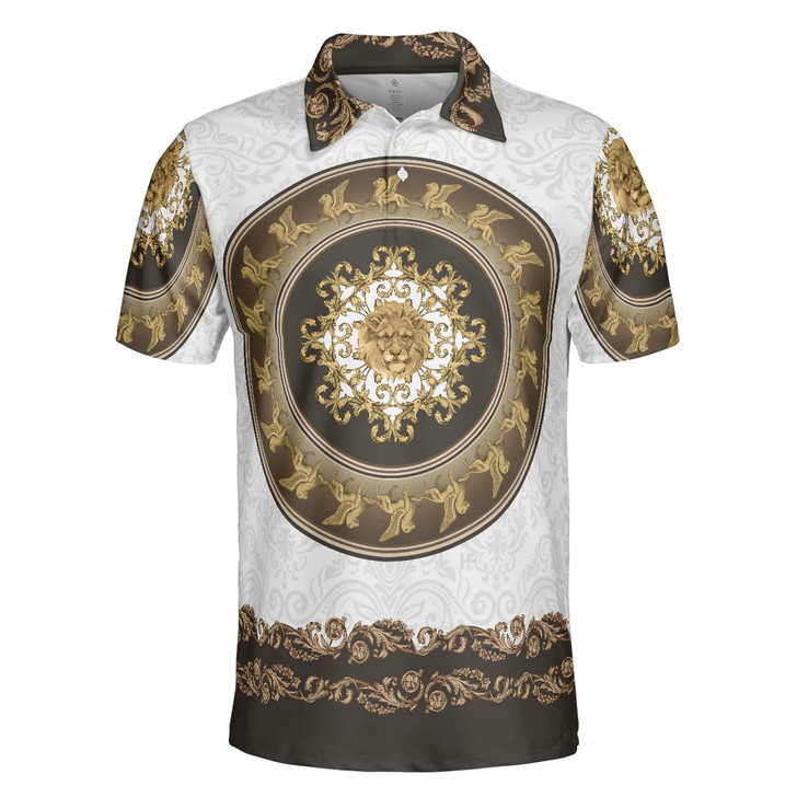 Lion Of Saint Mark Vintage Style Polo Shirt, Luxury Golden Baroque Pattern Polo Shirt For Men