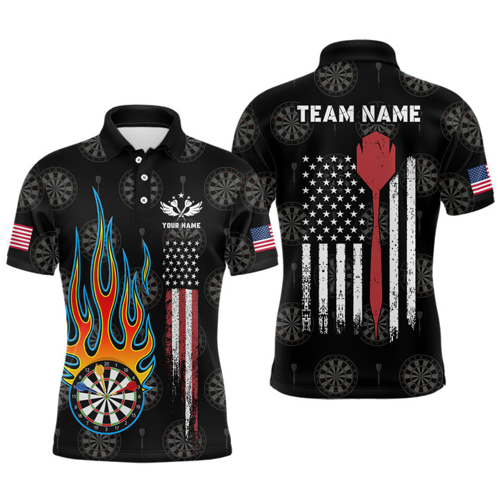 Custom Flame Darts American Flag Mens Darts Polo Shirt Custom Patriotic Dart Jerseys For Men
