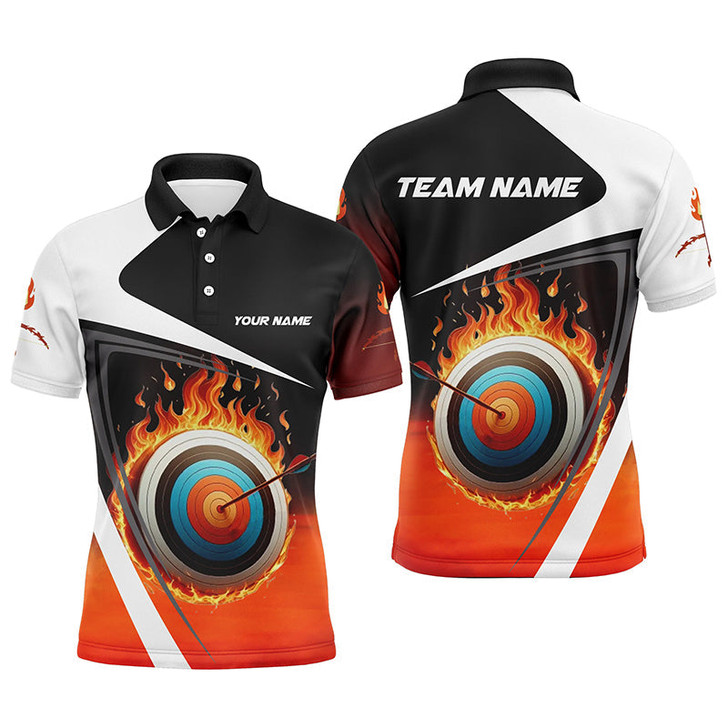 Personalized Flaming Target Archery 3D Polo Shirts For Men, Fire Bow And Arrow Archery Team Shirts