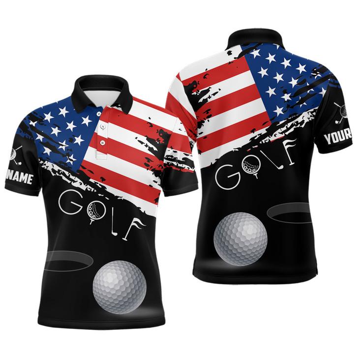 Custom Grunge American Flag Black Mens Golf Polo Shirt Custom Patriotic 4Th Of July Golf Shirts, Golf Gift